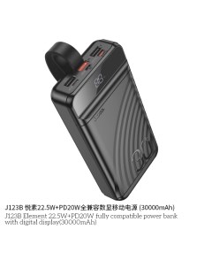 Внешний аккумулятор 30000mAh J123B 22 5W PD20W 3USB 3 0A с LED дисплеем Black Hoco