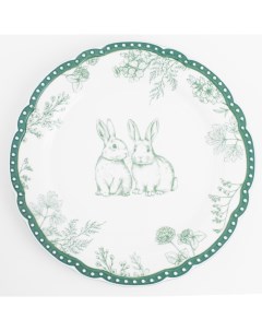 Тарелка обеденная 27 см керамика бело зеленая Кролики и цветы Easter blooming Kuchenland