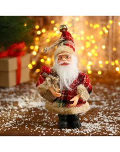 Новогодняя фигурка Дед Мороз в красной клетчатой шубке с мешком 3555378 10х14 см Nobrand