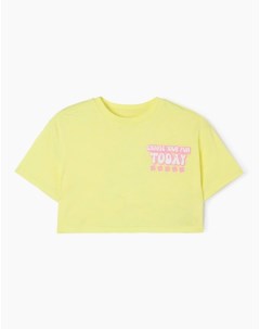 Жёлтая укороченная футболка oversize с принтом для девочки Gloria jeans