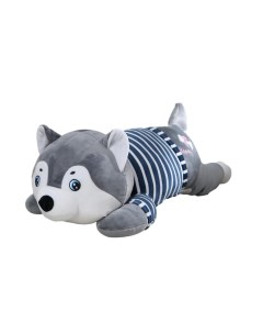 Мягкая игрушка Хаски лежачая в полосатой синей кофте серый 70 см Original toys