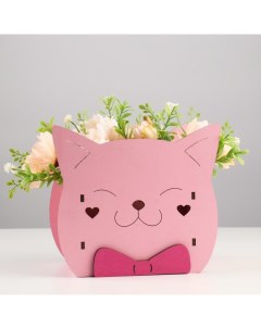 Кашпо деревянное для цветов и подарков Котик с аппликацией розовое 18 8х12 8х16 7 см Дарим красиво