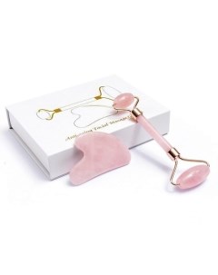 Массажер для лица ролик и скребок Гуаша из натурального розового кварца в подарочной упаковке Lichi