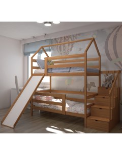 Двухъярусная кровать с лестницей комодом и горкой 180х90 с матрасами Орех Лунный лес