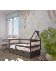 Кровать детская Софа домик 180х90 с ящиками и матрасом Асфальт Лунный лес