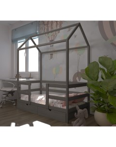 Кровать детская Теремок 160х80 с ящиками и матрасом Асфальт Лунный лес
