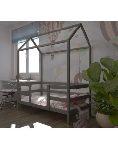 Кровать детская Теремок 180х90 с ортопедическим матрасом Асфальт Лунный лес