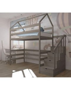 Кровать Чердак с лестницей комодом 160х80 с орт матрасом Асфальт Лунный лес
