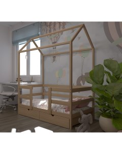 Кровать детская Теремок 180х90 с выкатными ящиками и ортопедическим матрасом Лунный лес