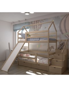 Двухъярусная кровать с лестницей комодом и горкой 160х80 с ящиками и матрасами Лунный лес