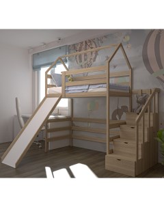 Кровать Чердак с лестницей комодом и горкой 180х90 натуральный цвет Лунный лес