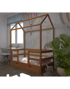 Кровать детская Теремок 160х80 с ящиками и матрасом Орех Лунный лес