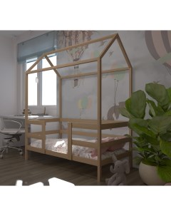 Кровать детская Теремок 160х80 с ортопедическим матрасом натуральный цвет Лунный лес