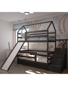 Двухъярусная кровать с лестницей комодом и горкой 160х80 с ящиками Графит Лунный лес