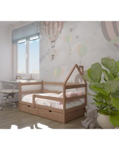 Кровать детская Софа домик 160х80 с выкатными ящиками и матрасом Лунный лес