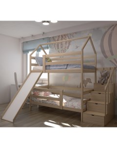 Двухъярусная кровать с лестницей комодом и горкой 160х80 натуральный цвет Лунный лес