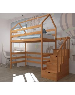 Кровать Чердак с лестницей комодом 160х80 с орт матрасом Орех Лунный лес