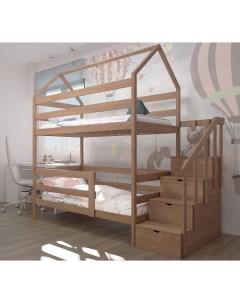 Двухъярусная кровать с лестницей комодом 180х90 с матрасами натуральный цвет Лунный лес