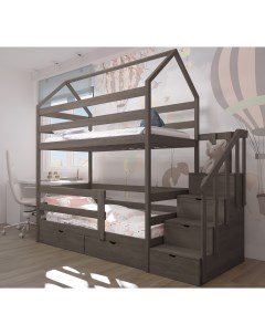 Двухъярусная кровать с лест комодом 160х80 с ящиками и матрасами Асфальт Лунный лес