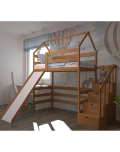 Кровать Чердак с лестницей комодом и горкой 160х80 Орех Лунный лес