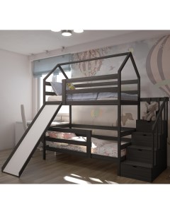 Двухъярусная кровать с лестницей комодом и горкой 160х80 с матрасами Графит Лунный лес