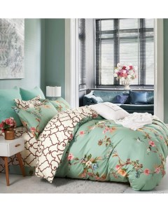 Комплект постельного белья сатин печатный двуспальный бежево зеленый Вальтери