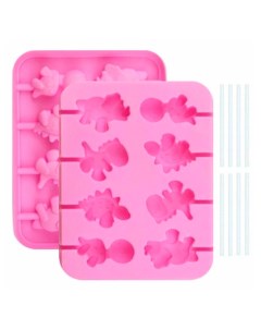 Форма для конфет Дино с палочками силикон розовая Мультидом