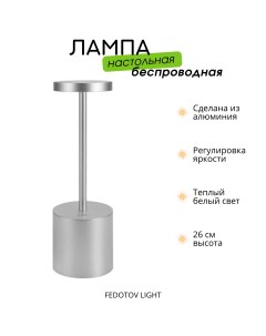 Лампа настольная светодиодная беспроводная с аккумулятором 3000К серебро Fedotov