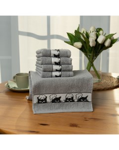 Набор кухонных махровых полотенец Коты поварята светло серый размер 30 60см в наборе 5шт Casa conforte