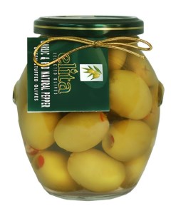 Зеленые оливки фаршированные чесноком натуральный красный перец 395мл ст б Elita