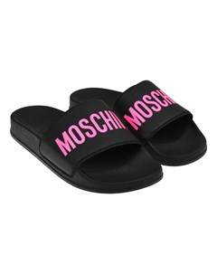 Шлепки с розовым лого черные Moschino