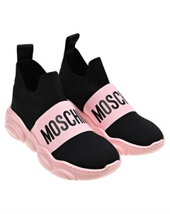Кроссовки носки с розовым логотипом черные Moschino