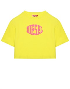 Укороченная футболка с розовым лого желтая Diesel