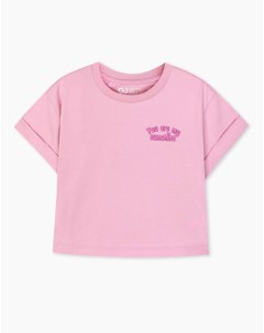 Розовая укороченная футболка oversize с принтом для девочки Gloria jeans