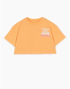 Оранжевая укороченная футболка oversize с принтом для девочки Gloria jeans