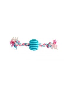 Игрушка для собак резиновая Мяч ребристый с веревочной косичкой голубая 6 5см Duvo+