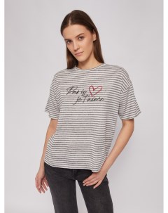 Трикотажная футболка в полоску с надписью и стразами Zolla