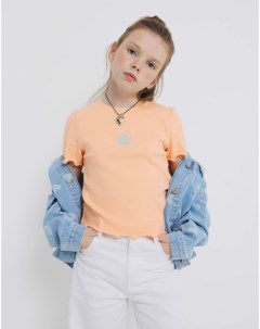 Оранжевая футболка в рубчик с вышивкой для девочки Gloria jeans