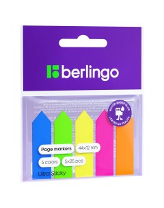 Флажки закладки пластиковые Ultra Sticky 12 44мм стрелки 25 л 5 неоновых цветов Berlingo