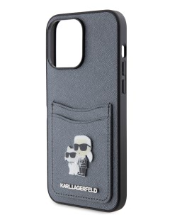 Чехол для iPhone 14 Pro Max из экокожи с карманом для карт metal Hard Grey Karl lagerfeld