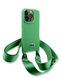 Чехол для iPhone 15 Pro пластиковый с ребристым покрытием и ремешком зеленый Lacoste