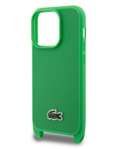 Чехол для iPhone 15 Pro Max пластиковый с ребристым покрытием и ремешком зеленый Lacoste