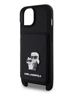 Чехол для iPhone 15 с ремешком и карманом для карт Metal Hard Black Karl lagerfeld