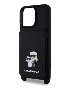 Чехол для iPhone 15 Pro Max с карманом и ремешком Metal Hard Black Karl lagerfeld