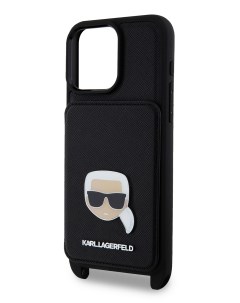 Чехол для iPhone 15 Pro Max с ремешком и карманом Metal Hard Black Karl lagerfeld