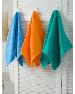 Набор вафельных полотенец 3 шт зеленый голубой оранжевый Bio-textiles