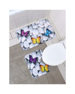 Набор ковриков для ванной и туалета Камни 2 шт 40x50 50x80 см цвет белый Доляна