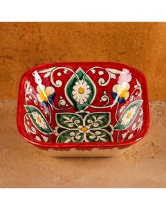 Салатница Риштанская Керамика Цветы 14 см красная микс Шафран