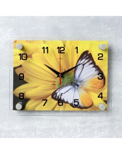 Часы настенные серия Цветы Бабочка на цветке плавный ход 20 х 26 см Рубин