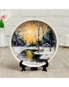 Тарелка декоративная Зимний лес с рисунком на холсте D 19 5 см Nobrand